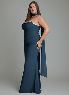 Azazie Sorrel Vestidos de damas de honor Vestido Azul Marino Oscuro de Gasa de Corte Sirena con Corsé image13