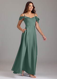 Azazie Marley Bridesmaid Dresses Eucalyptus A-Line Off the Shoulder Stretch Satin Convertible Dress image5