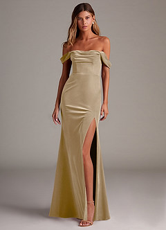 Azazie Saige Bridesmaid Dresses Golden Tan Sheath Off the Shoulder Velvet Convertible Dress image4