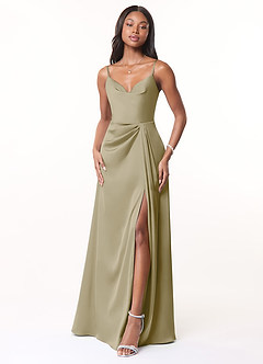 Azazie Brielle Vestidos de damas de honor Vestido de Musgo Verde de Satén Elástico de Corte en A con Tirantes finos con capucha image1