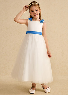 Azazie Lilli Flower Girl Dresses Ivory Blue Jay A-Line Bow Tulle Dress image5
