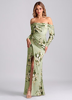 Azazie Hallie Jurken voor bruidsmeisjes Converteerbaar Jurk van Stretch Satijn met Zeemeermin Off-the-shoulder lange mouw Bloemenranken image3