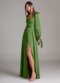 Azazie Leonia Bridesmaid Dresses Basil A-Line Long Sleeve Stretch Satin Dress image5