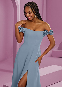 Barbie ♥ Azazie Suknie dla druhen Rozkloszowana szyfonowa sukienka z odkrytymi ramionami i kwiatowymi rozetkami image4