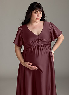 Azazie Verna vestidos de dama de honor de maternidad Vestido de Corte En A Volante Hasta el suelo Satén Elástico image15