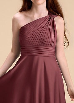 Azazie Charlize Junior Merlot A-Line Pleated Stretch Satin Dress image7