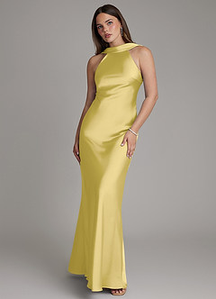 Azazie Dimitra Bridesmaid Dresses Canary A-Line Pleated Stretch Satin Dress image1