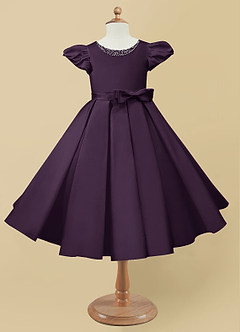 Azazie Jewel Flower Girl Dresses Plum Ball-Gown Pleated Matte Satin Dress image4