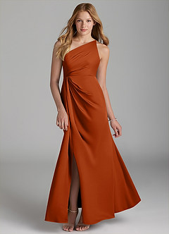 Azazie Mika Junior Robe Trapèze en Satin extensible Plissée Orange Brûlée image1