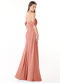 Azazie Amyra Bridesmaid Dresses Coral Sheath Off the Shoulder Stretch Satin Convertible Dress image5