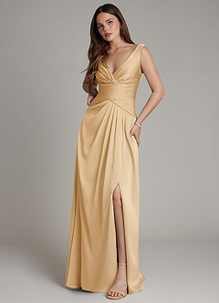 Azazie Pauline Bridesmaid Dresses Gold A-Line Pleated Stretch Satin Dress image5