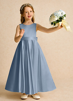 Azazie Cherry Flower Girl Dresses Dusty Blue Dusty Blue Ball-Gown Pleated Matte Satin Dress image2