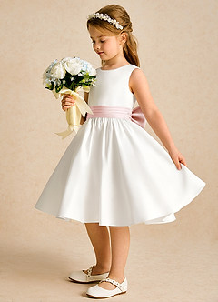 Azazie Sosie Flower Girl Dresses Ivory Blushing Pink A-Line Pleated Matte Satin Dress image3