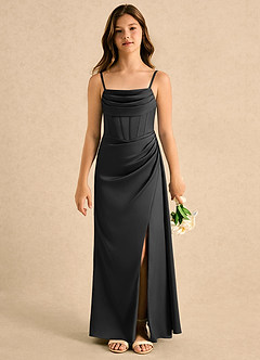 Azazie Lexy Girls Formal Flower Girl Dresses Black A-Line Pleated Stretch Satin Dress image5