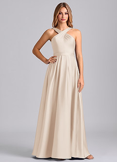 Azazie Dixie 신부 들러리 드레스 A라인 주름진 스트레치 새틴 바닥 길이 드레스 image3