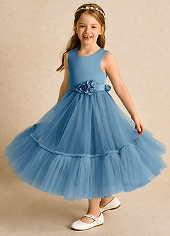 Azazie Miracle vestidos de niña de las flores Vestido de Azul Acero de Satin Mate de Corte En A con Lazo image4
