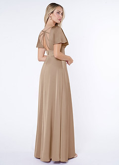 Azazie Lani Bridesmaid Dresses Taupe A-Line Flounce Sleeve Stretch Satin Dress image5