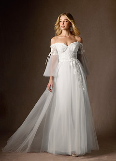 Azazie Stevie Final Sale Diamond White Nude A-Line Off the Shoulder Tulle Dress image1