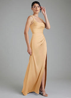 Azazie Sierra Bridesmaid Dresses Gold A-Line Corset Stretch Satin Dress image4