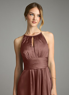 Azazie Bonnie Bridesmaid Dresses Espresso A-Line Pleated Stretch Satin Dress image2