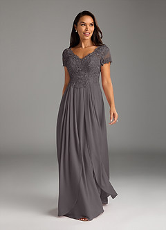Azazie Dunja vestidos de madre de la novia Vestido de Gris Acero de Gasa de Corte En A con Encaje cuello pico image5
