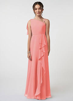Azazie Aidy Junior Coral A-Line Bow Chiffon Dress image1