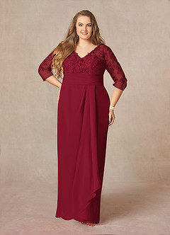 Azazie Joan Abiti per la Madre della Sposa Abito Tubino in Chiffon con Scollo a V in Pizzo Borgogna image6