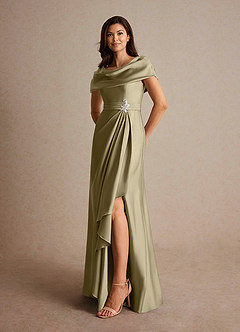 Azazie Branford Mother of the Bride Dresses Moss Green A-Line Pleated Stretch Satin Dress image8