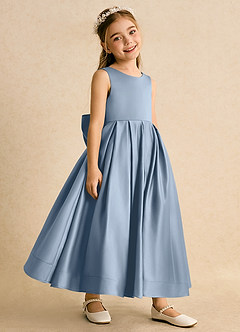 Azazie Cailee Flower Girl Dresses Dusty Blue Ball-Gown Pleated Matte Satin Dress image3