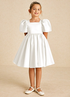 Azazie Muffin Flower Girl Dresses Ivory A-Line with Sleeves Matte Satin Dress image2