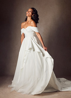 Azazie Alexandria Wedding Dresses Diamond White A-Line Off the Shoulder Matte Satin Dress image3
