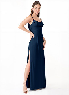 Azazie Alaija Bridesmaid Dresses Dark Navy Mermaid Side Slit Stretch Satin Dress image3