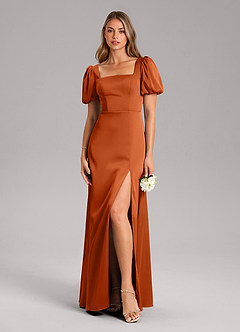 Azazie Fyona Bridesmaid Dresses Burnt Orange A-Line Pleated Stretch Satin Dress image3