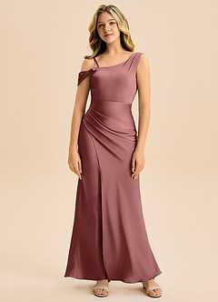 Azazie Madelyn Junior Amethyst Sheath Off the Shoulder Stretch Satin Dress image1