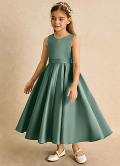 Azazie Junebuj Robe Demoiselle D'honneur Fillette Robe Princesse en Mat Satiné Plissée Eucalyptus image3
