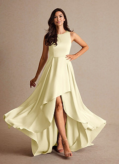 Azazie Niles Mother of the Bride Dresses Lemon Sorbet A-Line Trains Stretch Satin Dress image2