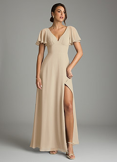 Azazie Kimber Vestidos de damas de honor Vestido de Champán de Gasa de Corte en A con Manga volante image2