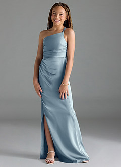 Azazie Eren Junior Robe Fourreau en Satin extensible Plissée Bleu Poussiéreux image1