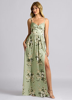 Azazie Zeya Bridesmaid Dresses Floral Vines A-Line Pleated Stretch Satin Dress image1