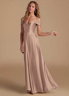 Azazie Jackalin Bridesmaid Dresses Taupe A-Line Off the Shoulder Metallic Satin Convertible Dress image3