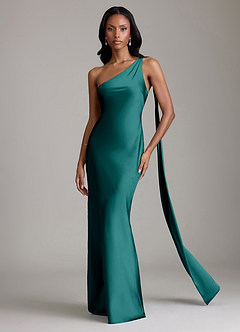 Azazie Galinda Brudtärnklänningar Klä av Sjöjungfru i Stretch Satin Ena axeln Påfågelblå image4