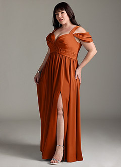 Azazie Lianne Bridesmaid Dresses Burnt Orange A-Line Off the Shoulder Stretch Satin Dress image20