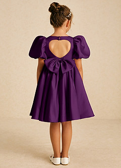 Azazie Muffin Flower Girl Dresses Grape A-Line with Sleeves Matte Satin Dress image1