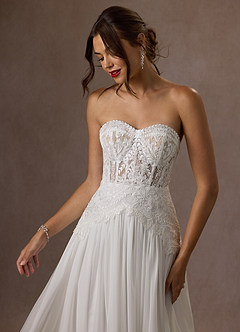 Azazie Rhya Hochzeitskleider A-Linie Schulterfrei Spitze Kleid Diamantweiß Champagner image19