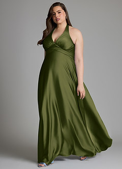 Azazie Tessie Bridesmaid Dresses Bright Olive A-Line Pleated Stretch Satin Dress image9