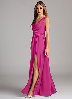 Azazie Tanicia Vestidos de damas de honor Vestido de Fucsia de Satén Elástico de Corte en A con Plisado image5