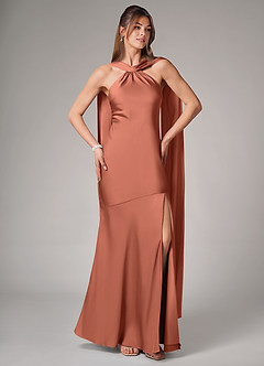 Azazie Kinsley Robes de demoiselle d'honneur Robe Sirène en Satin extensible Fente Latérale Argile image5