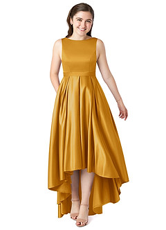 Azazie Inaya Junior A-Linie Gürtel/Schärpe Stretch-Satin Kleid Butterscotch image1