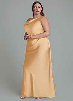 Azazie Emerson Bridesmaid Dresses Gold Mermaid Off the Shoulder Stretch Satin Dress image10