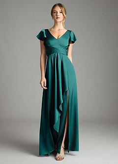 Azazie Omari Bridesmaid Dresses Peacock A-Line Stretch Satin Dress image3